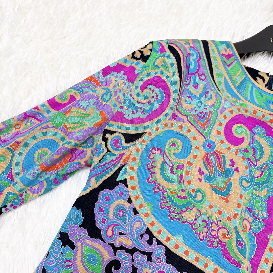 レオナール　カットソー　大きいサイズLL ペイズリー　トリム　ブラック　シルク混