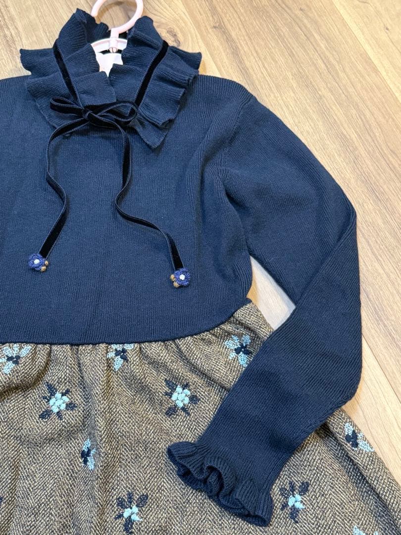 familiar フリルリボン付きハイネックワンピース 130cm 紺×茶　美品