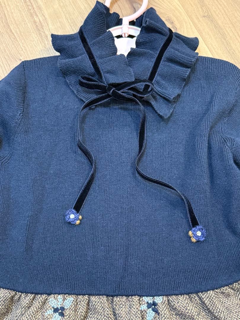 familiar フリルリボン付きハイネックワンピース 130cm 紺×茶　美品