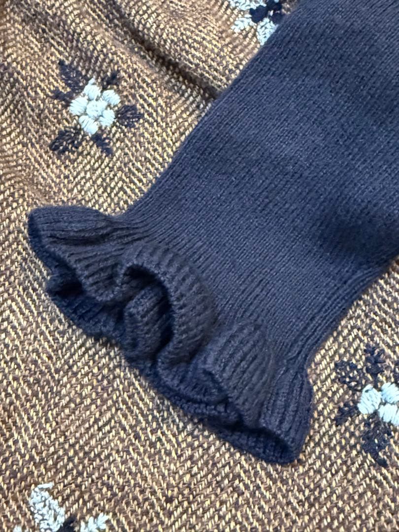 familiar フリルリボン付きハイネックワンピース 130cm 紺×茶　美品