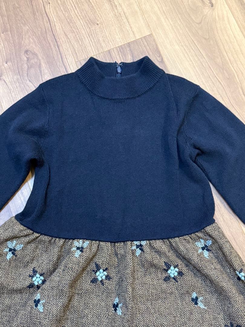 familiar フリルリボン付きハイネックワンピース 130cm 紺×茶　美品