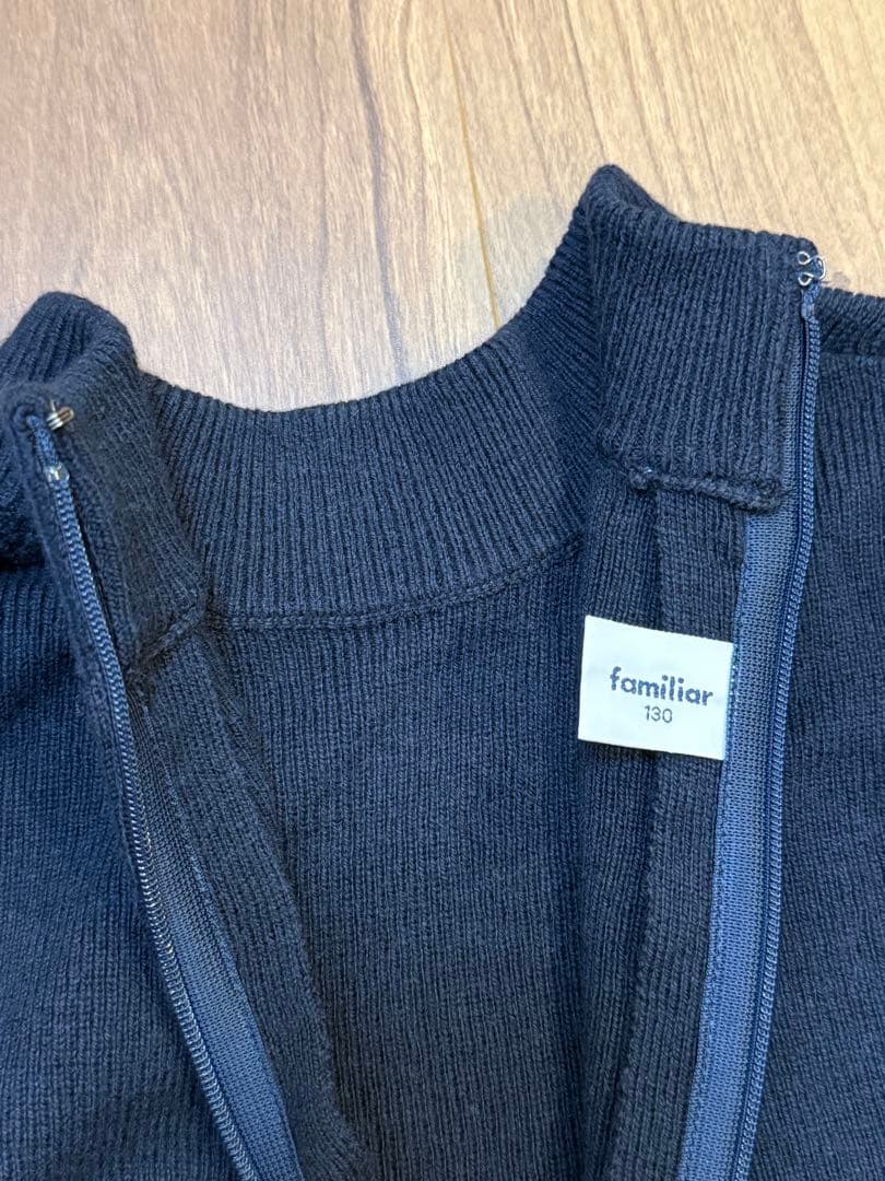 familiar フリルリボン付きハイネックワンピース 130cm 紺×茶　美品