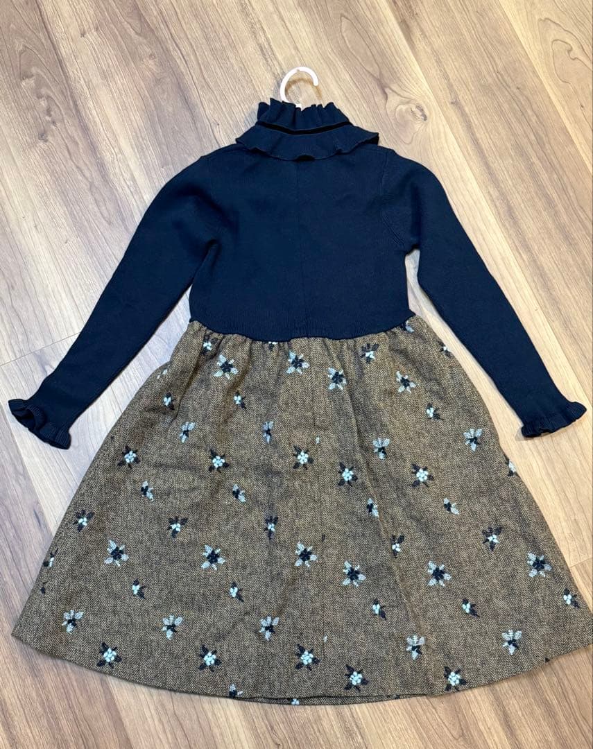 familiar フリルリボン付きハイネックワンピース 130cm 紺×茶　美品