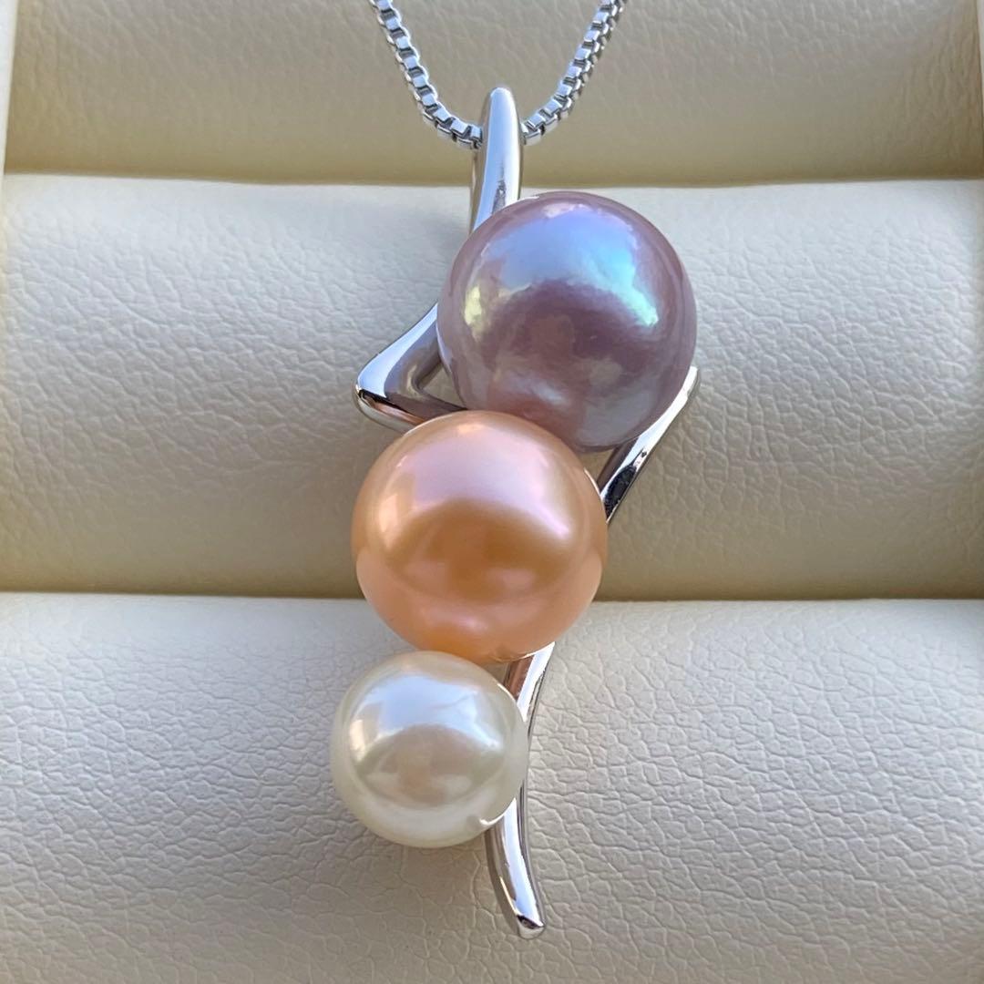 本真珠　淡水エジソンパールネックレストップ　3粒PT577+L856まとめ