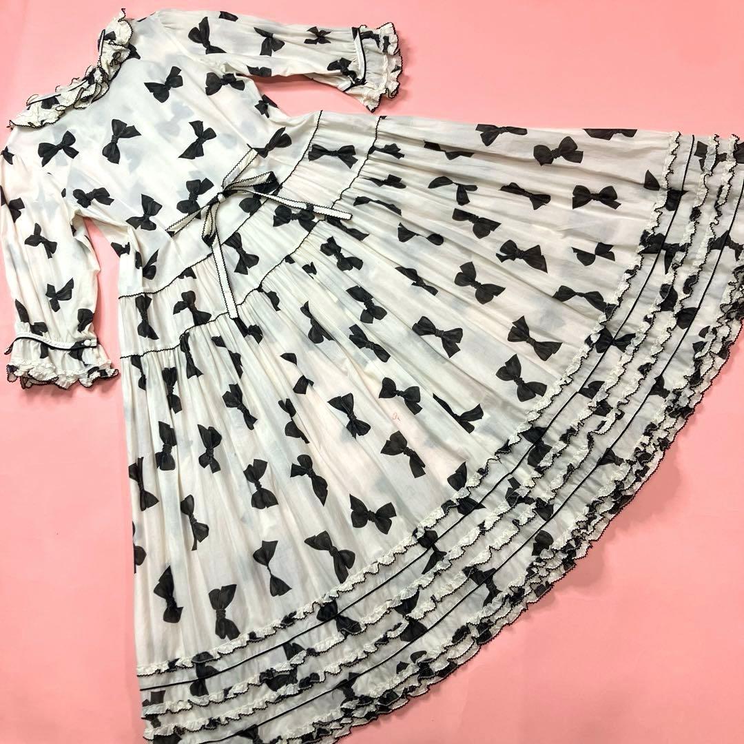 ピンクハウス アイボリー リボン柄 ピコフリル使い 豪華ワンピース/2023年