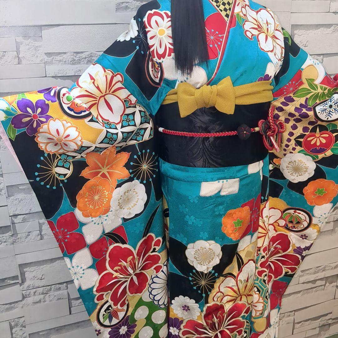 正絹振袖 駒刺繍 紫野 百合 金彩 振袖セット 振袖フルセット 青緑 81