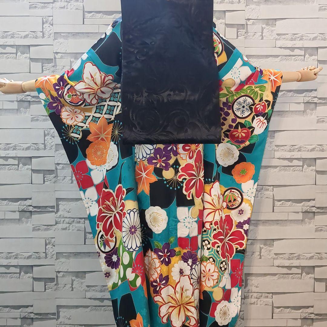 正絹振袖 駒刺繍 紫野 百合 金彩 振袖セット 振袖フルセット 青緑 81