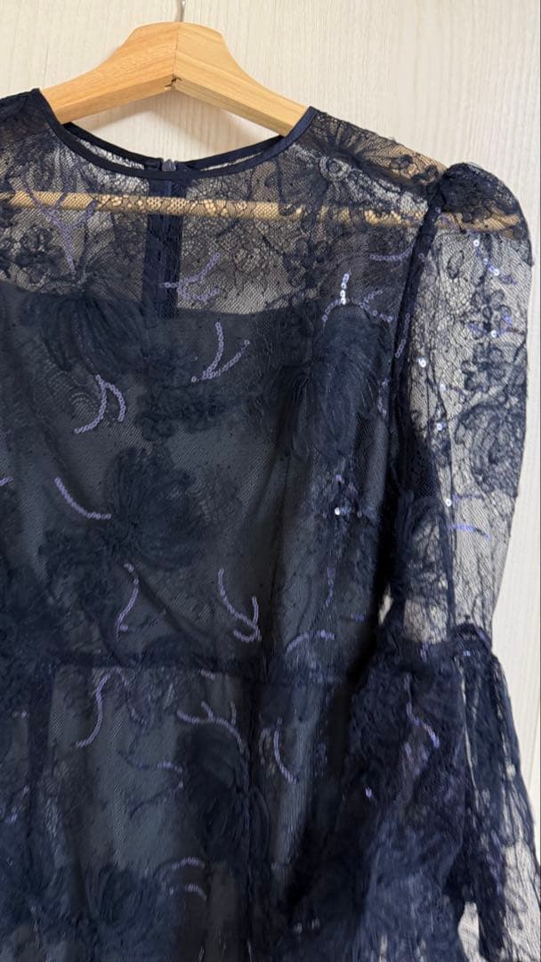 パーティドレス　結婚式　披露宴　スパンコール　レディース　S ネイビー