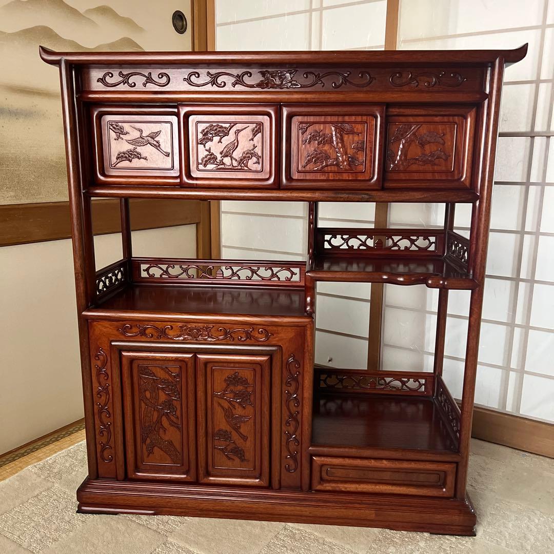 【美品】違い棚　紫檀　松と鶴模様　和家具 茶箪笥 唐木 昭和レトロ