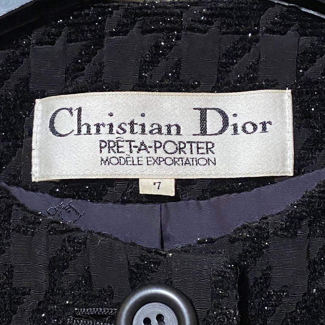 【美品✨】クリスチャンディオール ノーカラージャケット 千鳥格子 ラメ混 黒 S