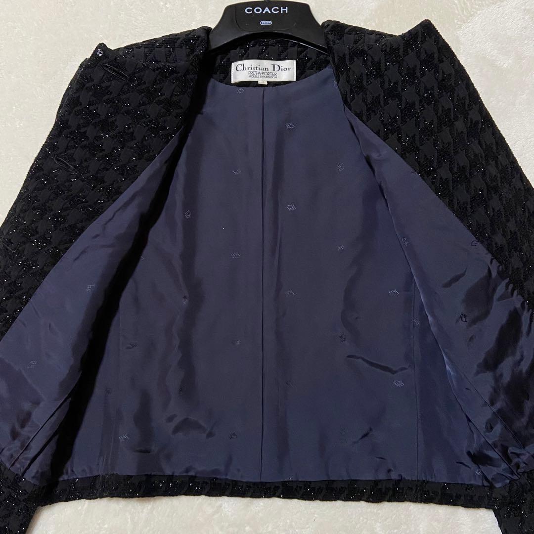 【美品✨】クリスチャンディオール ノーカラージャケット 千鳥格子 ラメ混 黒 S