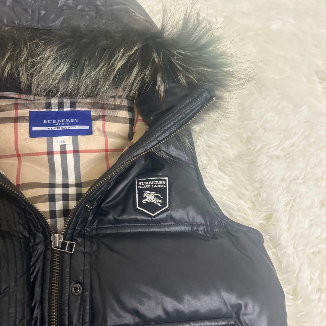 極美品　バーバリー ブルーレーベル ダウン ベスト メガチェック リアルファー