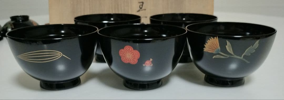 kiko様　輪島塗四君子蒔絵 遠山沈金　吸物椀5客セット角偉三郎など5人作家もの
