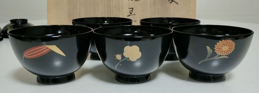 kiko様　輪島塗四君子蒔絵 遠山沈金　吸物椀5客セット角偉三郎など5人作家もの