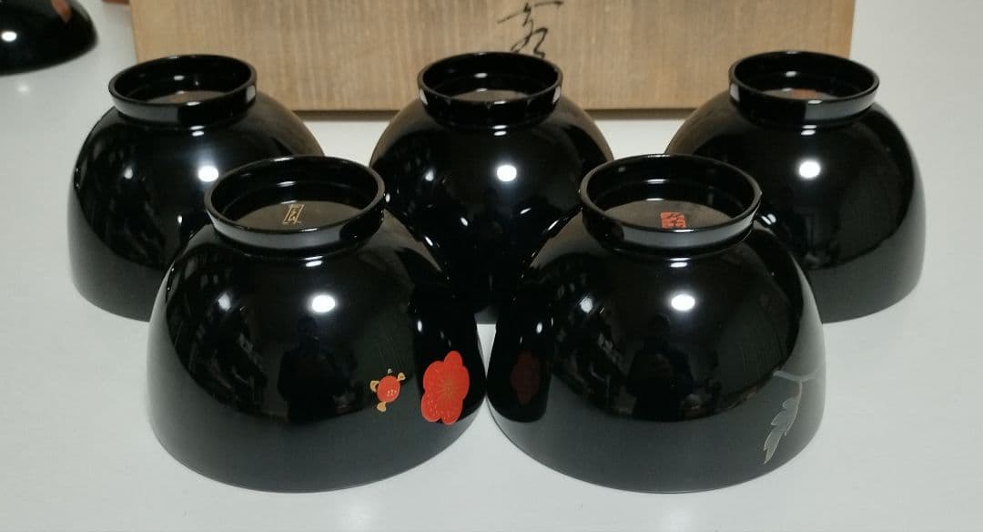 kiko様　輪島塗四君子蒔絵 遠山沈金　吸物椀5客セット角偉三郎など5人作家もの