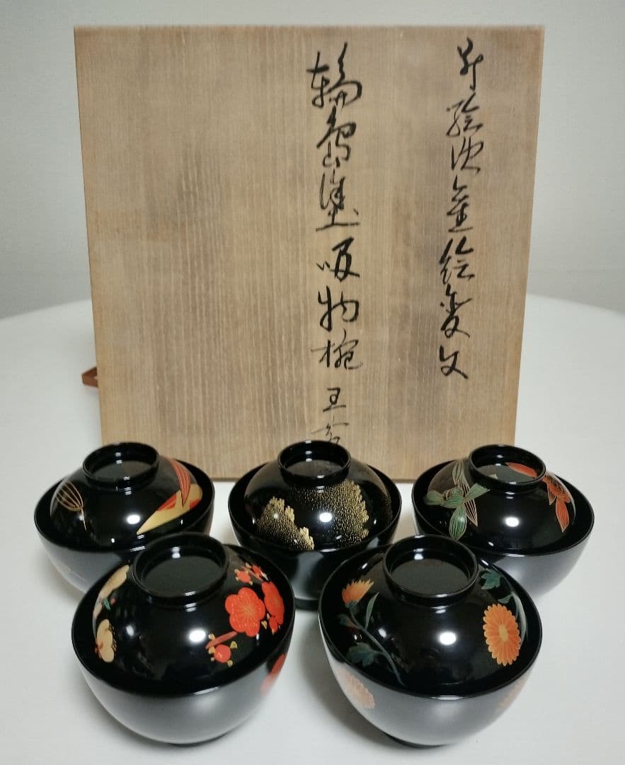 kiko様　輪島塗四君子蒔絵 遠山沈金　吸物椀5客セット角偉三郎など5人作家もの