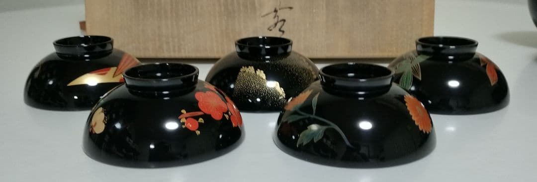 kiko様　輪島塗四君子蒔絵 遠山沈金　吸物椀5客セット角偉三郎など5人作家もの