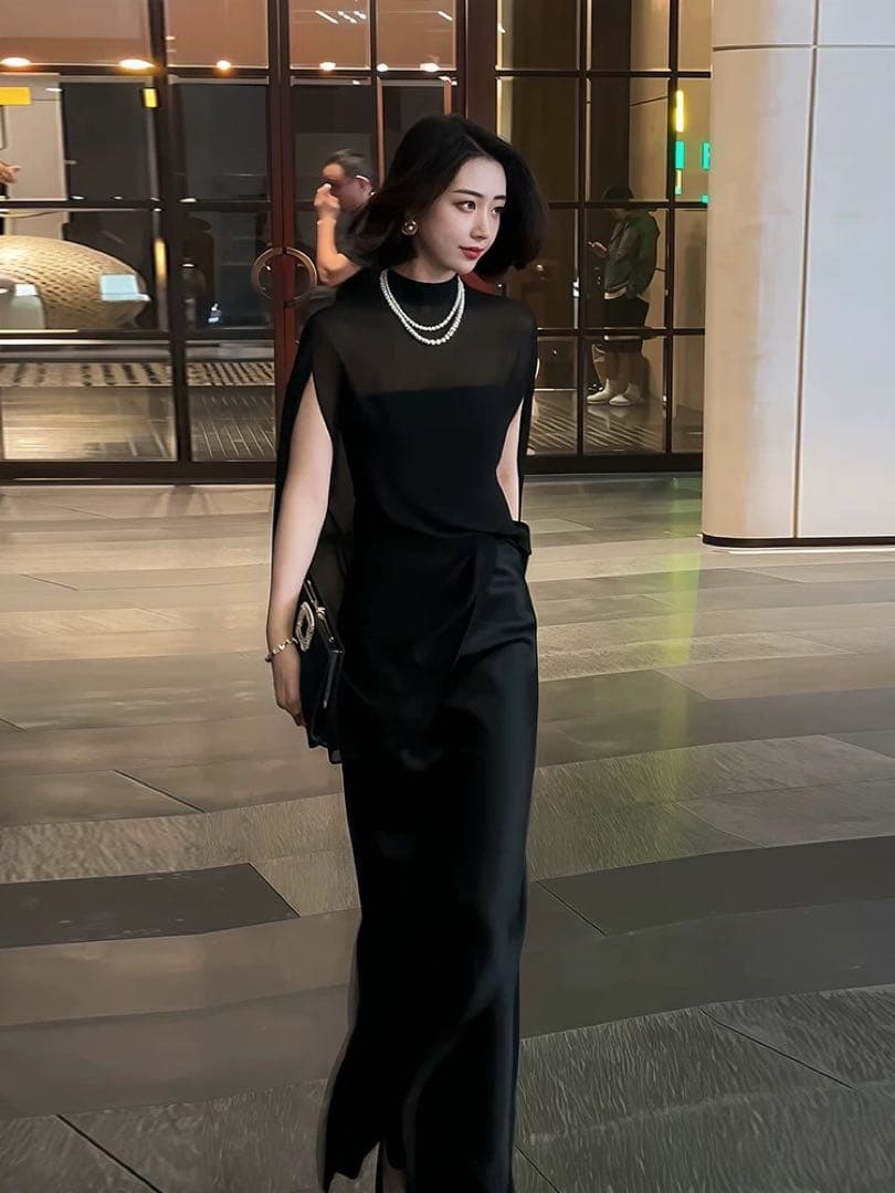 ケープドレス フォーマル シースルー ロング パーティー 結婚式 お呼ばれ