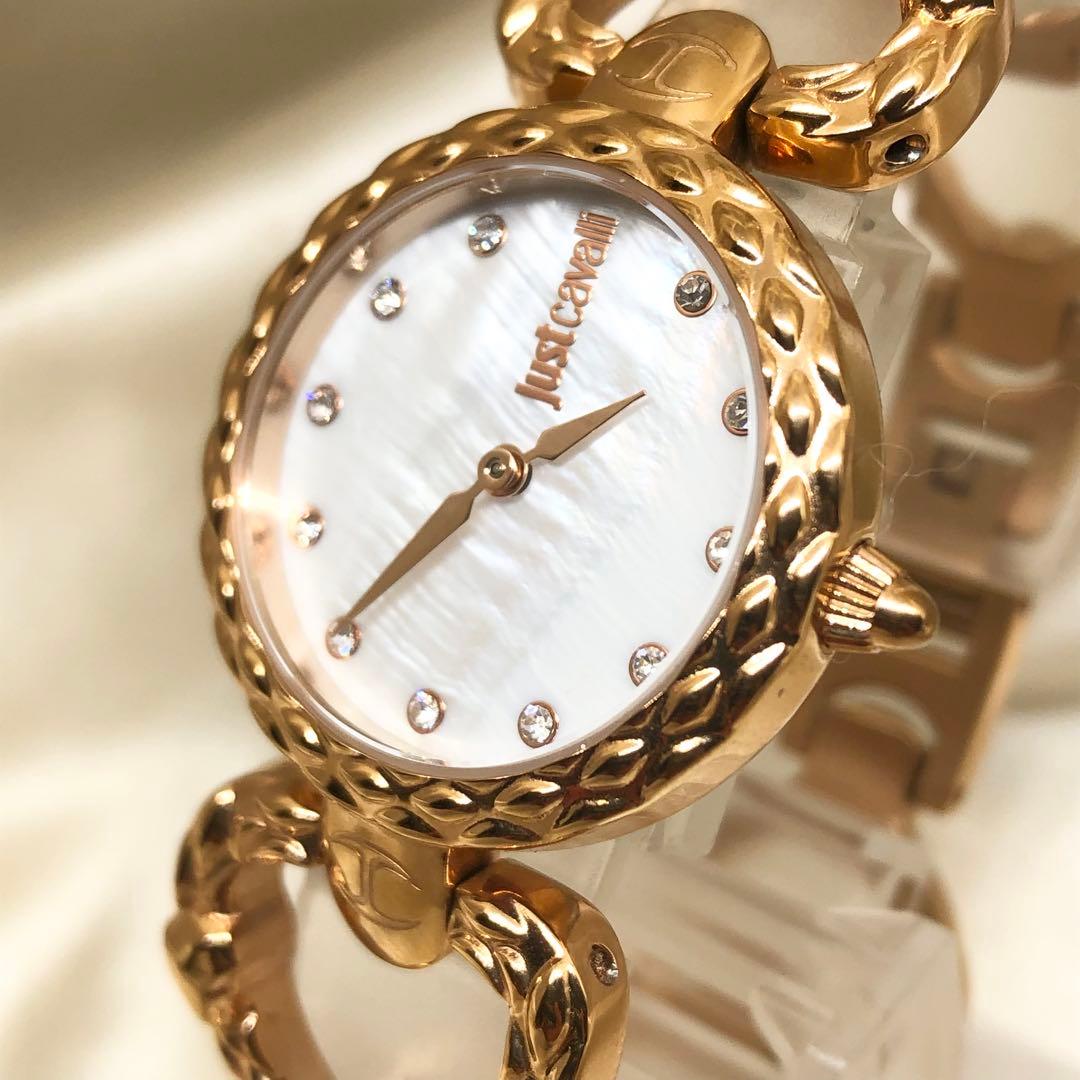 【稼働品】ジャストカヴァリ　シェル文字盤　クォーツ　腕時計　美品