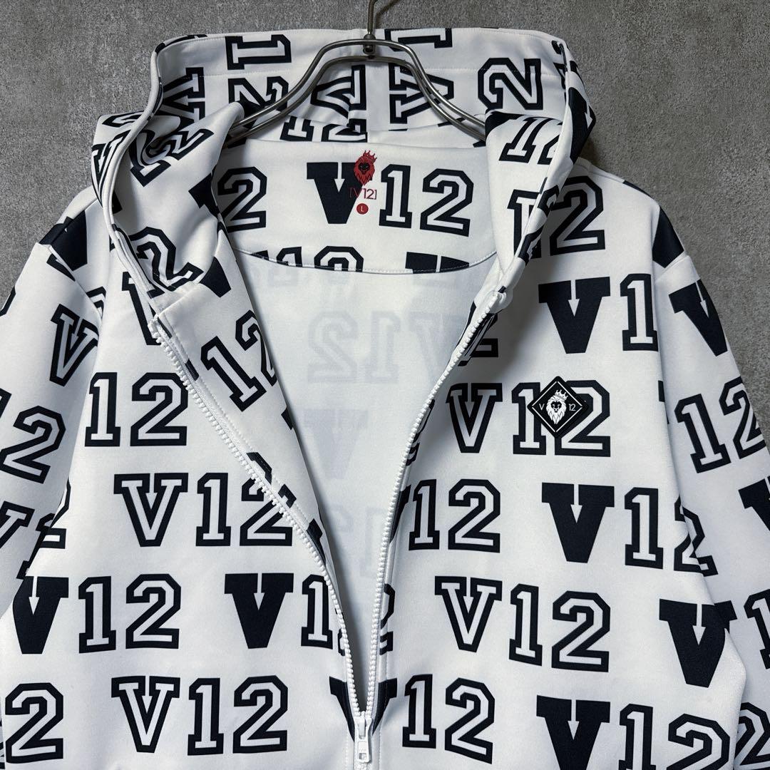 V12 ヴィトゥエルヴ ジップパーカー ジャケット 総柄 ロゴ ホワイト L