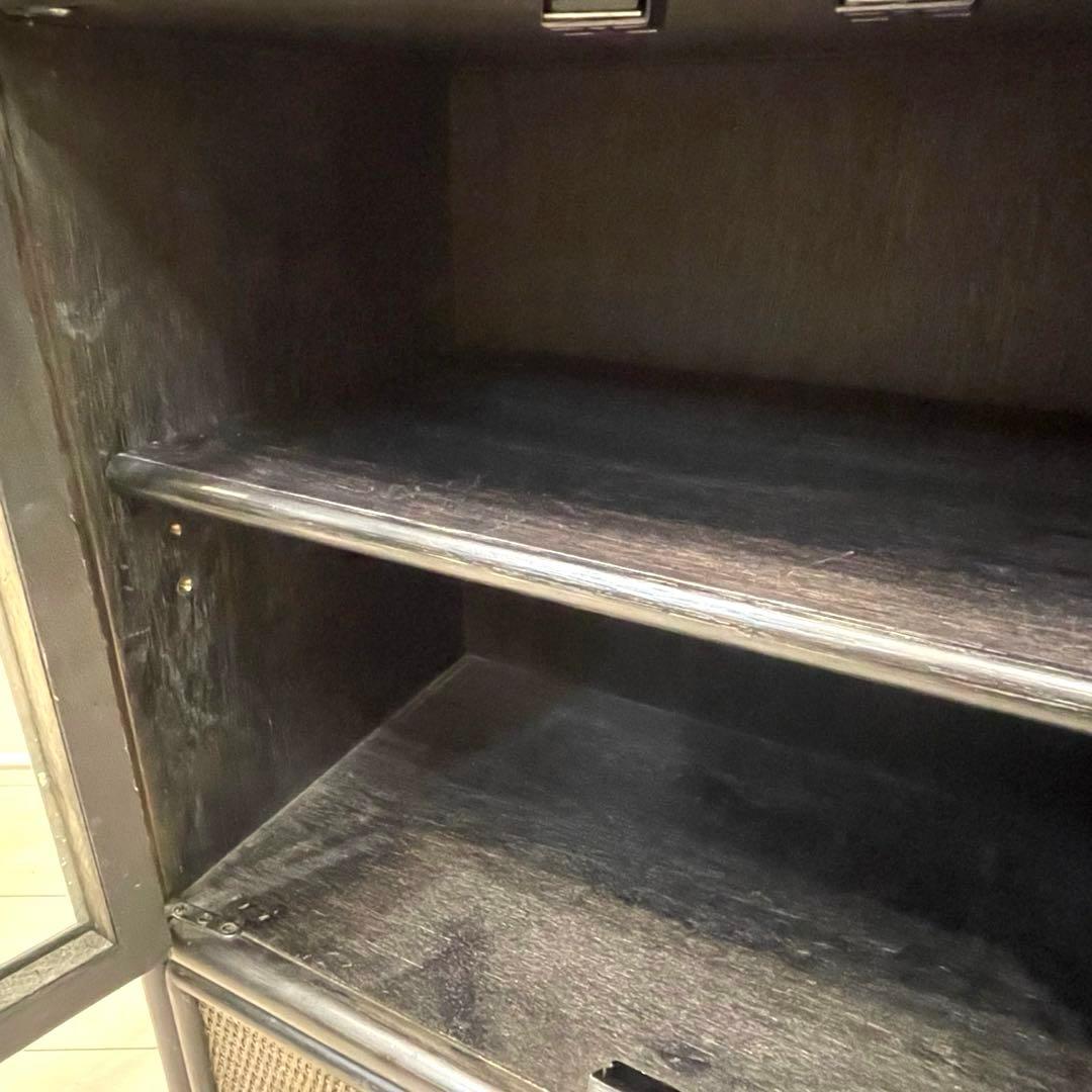 ラタン 籐 ガラス扉 キャビネット 収納棚 ヴィンテージ 引き出し付 アジアン