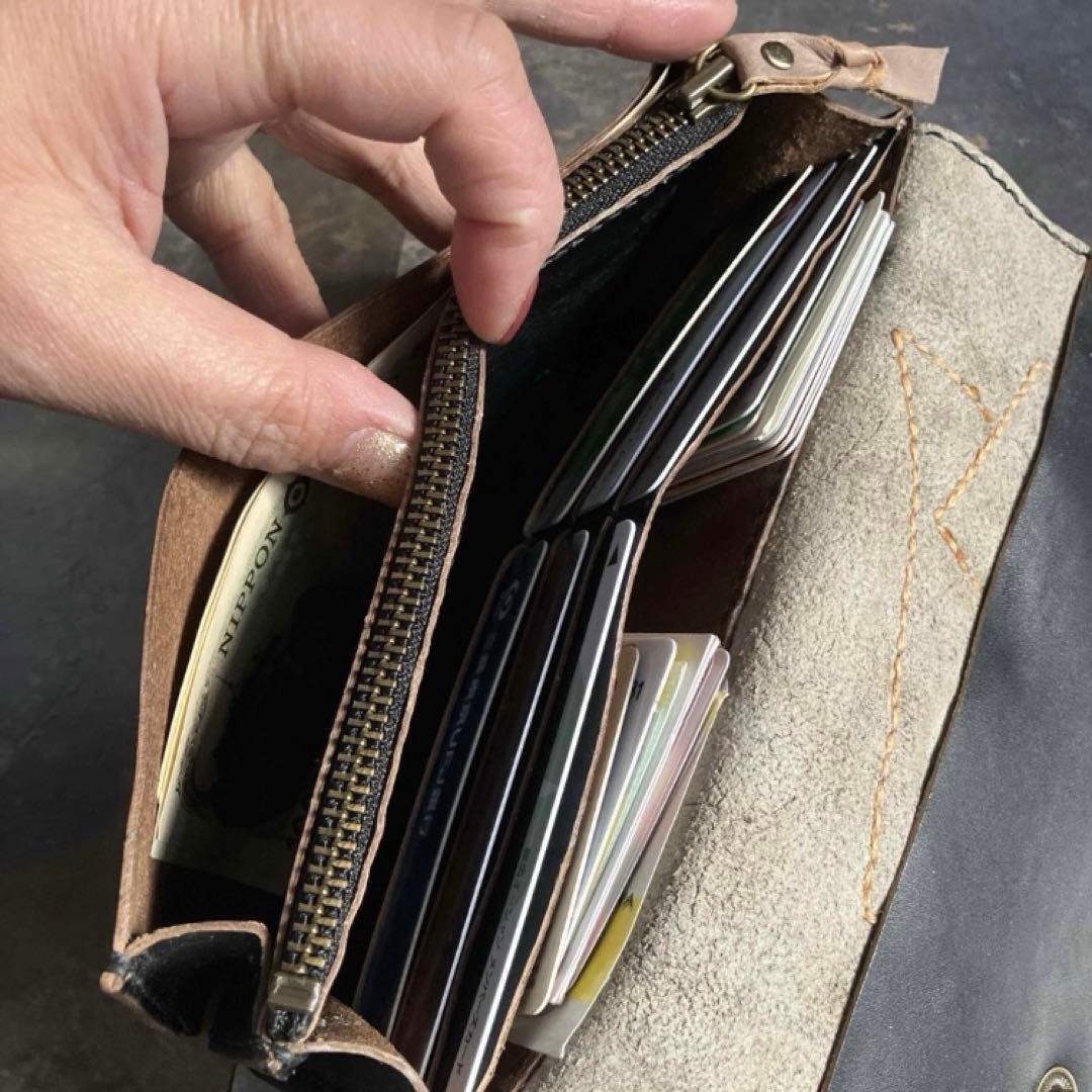 本革☆ハラコ長財布　ブラックヌメ革　革財布