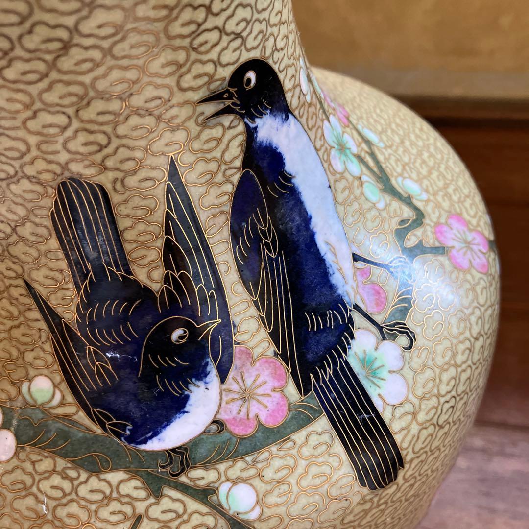 【専用】中国美術 七宝焼 金彩 花鳥図 梅に時鳥 大花瓶 花器 花詰 壺