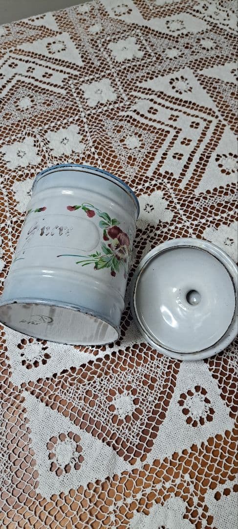 アンティークホーローキャニスター /パンジー柄