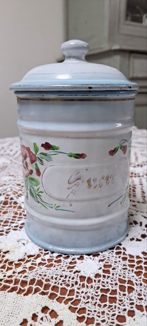 アンティークホーローキャニスター /パンジー柄