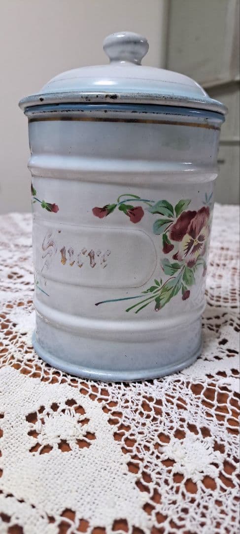 アンティークホーローキャニスター /パンジー柄