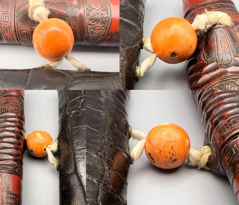 江戸明治時代　極上山水詩堆朱絵　秀心翁在銘　タバコ入　大玉珊瑚根〆　銀製キセル