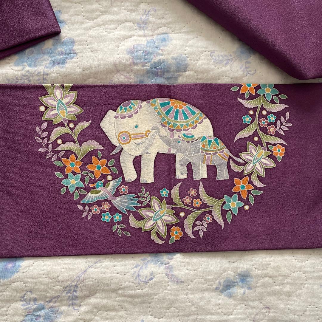名古屋帯 象と花の柄紫色　正絹　長尺