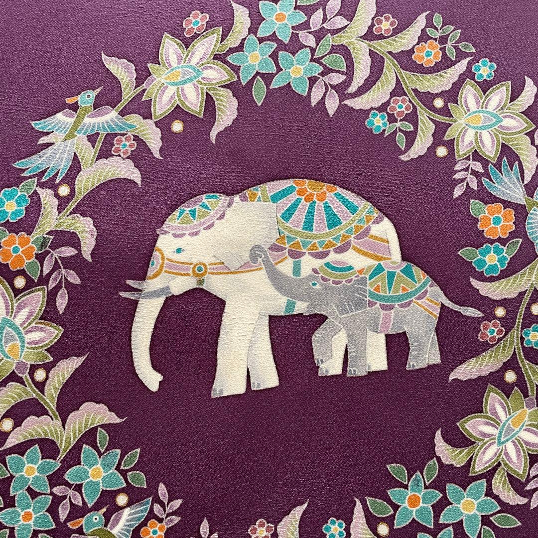 名古屋帯 象と花の柄紫色　正絹　長尺
