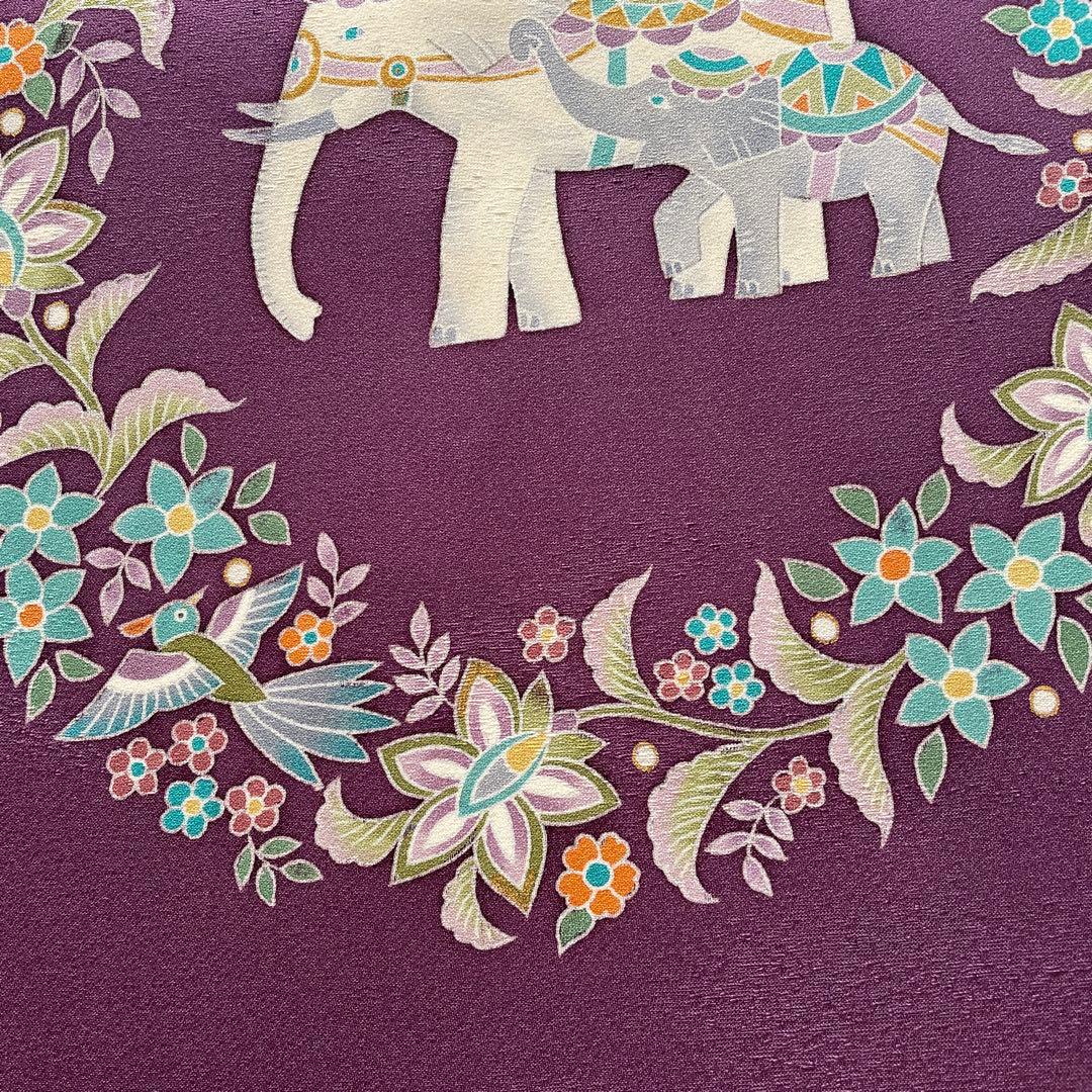 名古屋帯 象と花の柄紫色　正絹　長尺