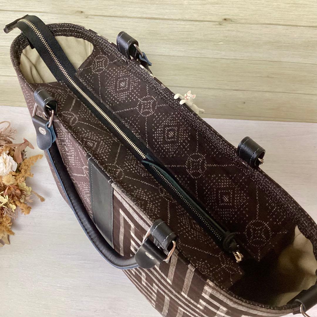 秋名バラ 大島紬 ×本革 着物リメイク トートバッグ 和装バッグ ハンドメイド