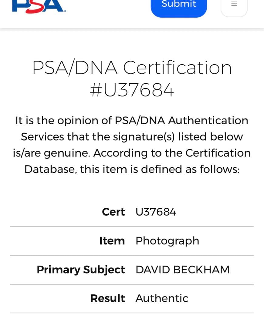 ベッカム サインフォト マンチェスター・ユナイテッド PSA/DNA認証