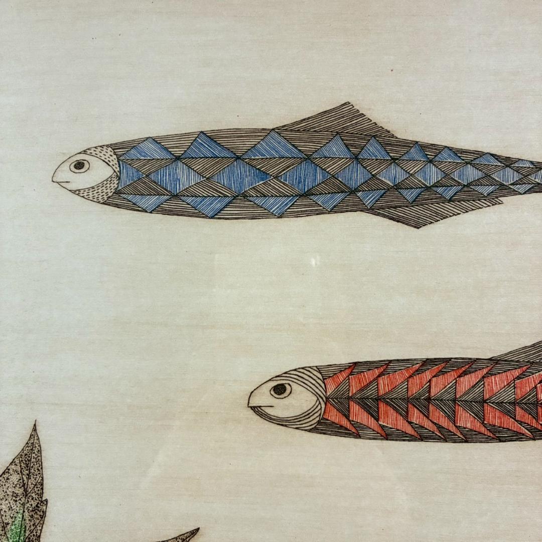 美品 南桂子「２匹の魚」カラーエッチング 銅版画 直筆サイン入 限定75点