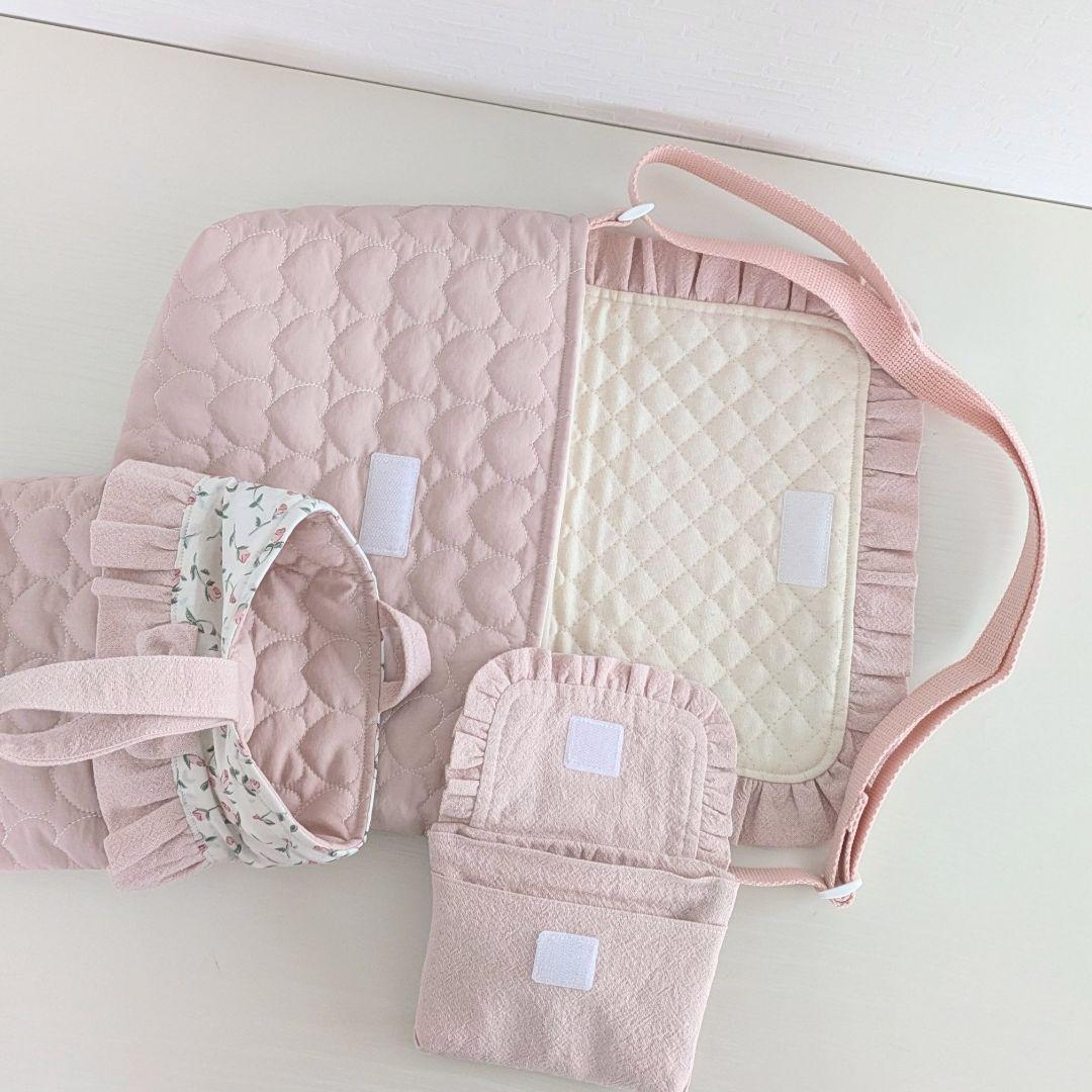 ハンドメイド入園入学セット図書袋ショルダーレッスンバック上靴袋ハートキルティング