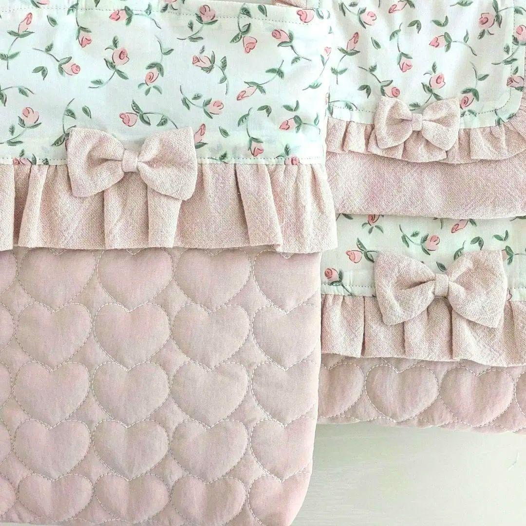 ハンドメイド入園入学セット図書袋ショルダーレッスンバック上靴袋ハートキルティング