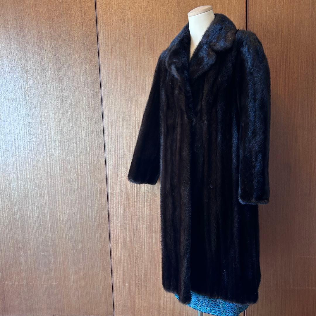 ミンク 毛皮 コート 濃茶 サイズ11 着丈105cm 美品 タグほつれあり