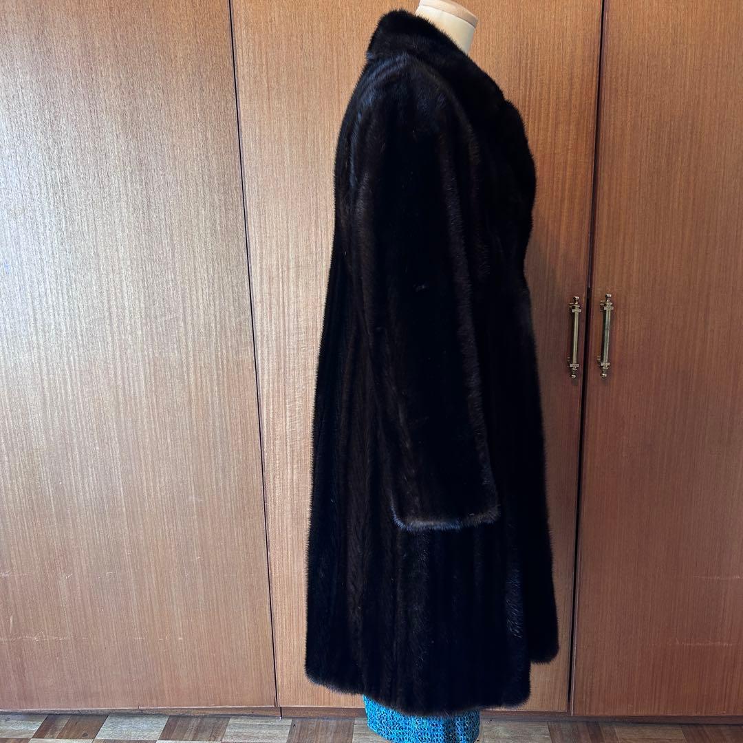 ミンク 毛皮 コート 濃茶 サイズ11 着丈105cm 美品 タグほつれあり