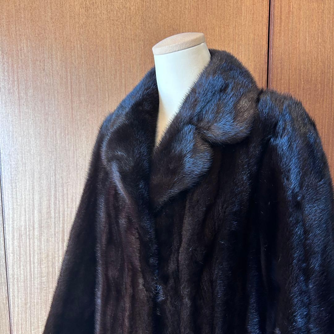 ミンク 毛皮 コート 濃茶 サイズ11 着丈105cm 美品 タグほつれあり