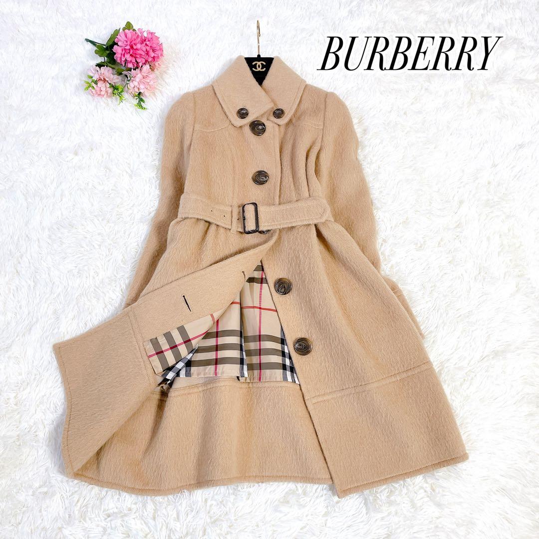 極美品　バーバリーブルーレーベル　アルパカ混　ノバチェック　ロングコート　秋冬