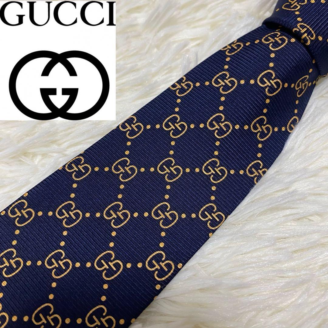 GUCCI ネクタイ GG柄 シルク100% ネイビー　ゴールド　GUCCI