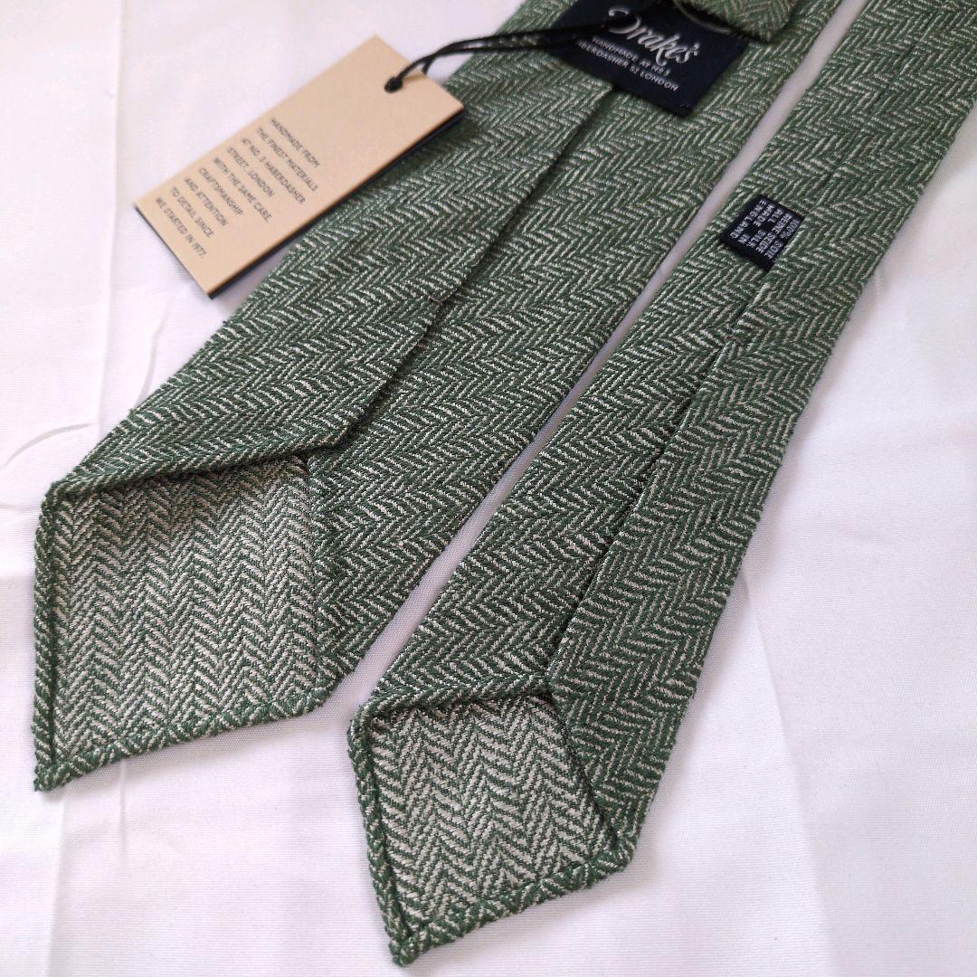 【新品未使用】ドレイクス ネクタイ グリーン シルバー ソリッド ヘリンボーン