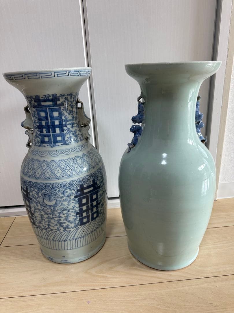 清時代　染付大花瓶　青華 獅子　骨董古美術