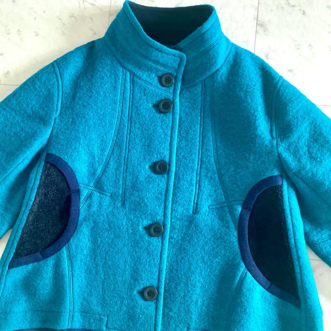 美品 ann吉 あんきち ハイネック ボア切替 ウールフレアコート ゆったり