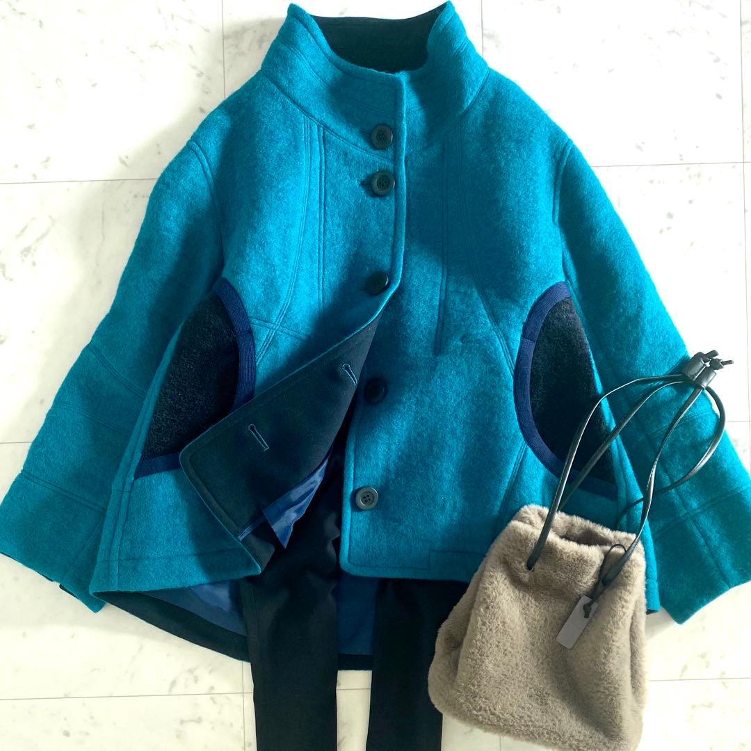 美品 ann吉 あんきち ハイネック ボア切替 ウールフレアコート ゆったり