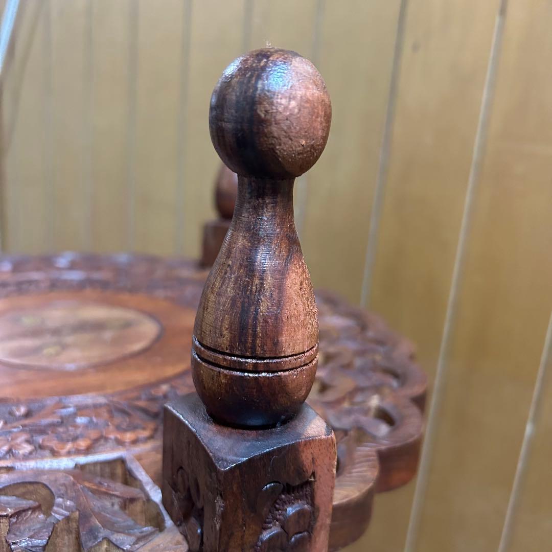 木製2段シェルフ【象嵌細工•彫刻透し彫り】サイドテーブル　飾り棚　花台　アジアン