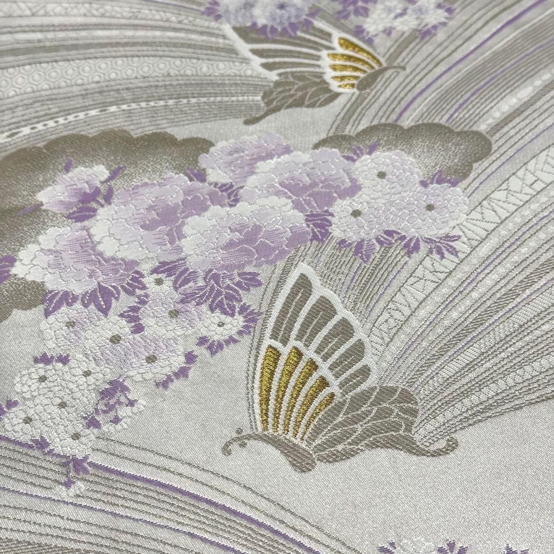 【袋帯】　洗える　白色　紫色　シルバー　蝶　 クリアホワイト　モダン　K